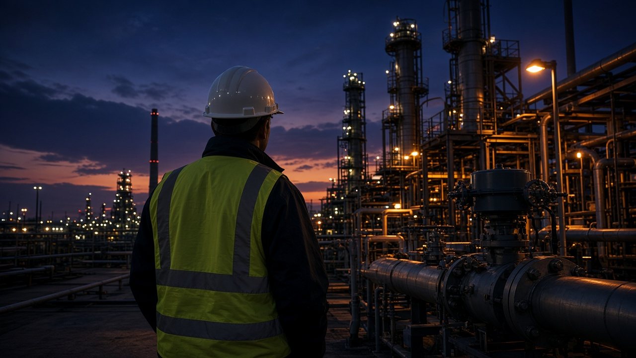 Field engineer in a hard hat and high visibility vest inspecting valves and instrumentation at an energy facility at dusk