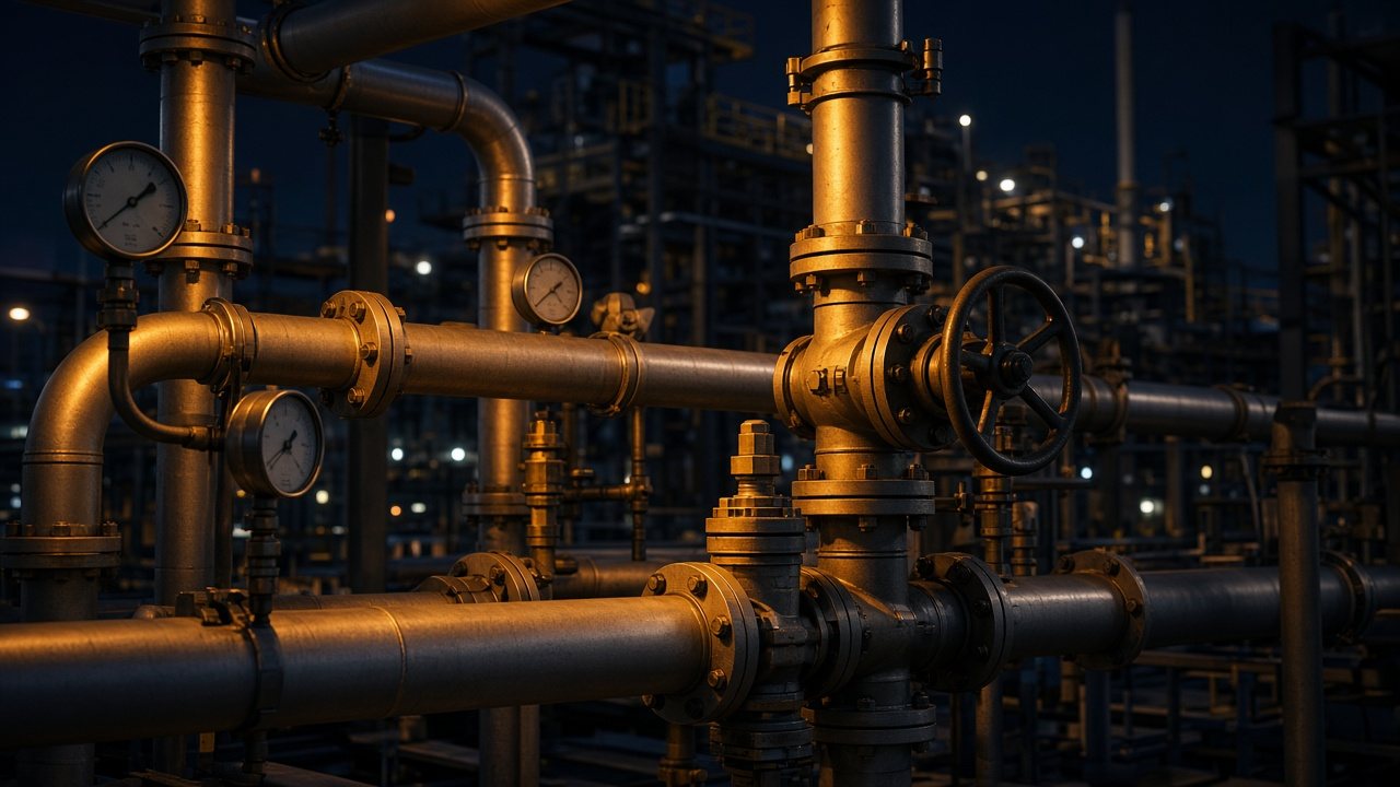 Pipes, valves, and pressure gauges at an energy facility at dusk