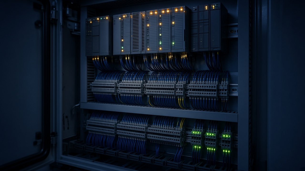 Industrial automation control cabinet with PLC modules, organized wiring, and amber indicator lights